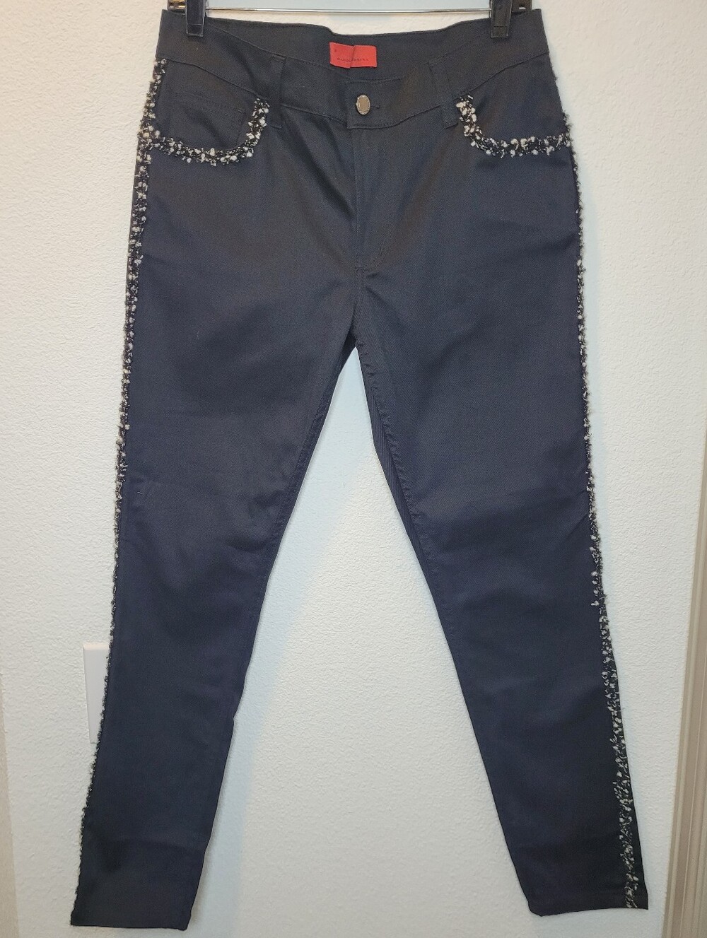 CH Carolina Herrera Tweed Trim Side Stripe Pants Black Size 8 Stretch Skinny